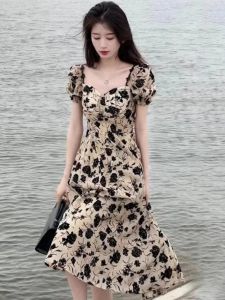 Summer Womens High Waist Floral Print Long Dress Korean Style A-Line Skirt Black Tea Break Fairy Tale Dress Elegant Sensation