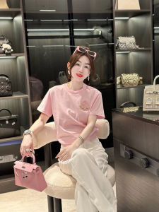 Pink Embroidered round Neck Short Sleeve T-Shirt Womens Casual Style Slimming Base Layer Top for Spring Summer