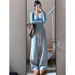 Extended Length Casual Sweatpants Women Loose Lazy Drapey Wide Leg Sports Leisure Trousers High Waist Straight Knitted Pants
