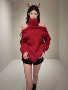 Ge·an·fei | Áo Sweater Cổ Rùa Trễ Vai Màu Đỏ
