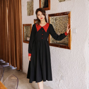 Black French Doll Collar Long Sleeve Dress Slimming Waist Design School Style Midi Skirt for Women Commute Artistic Fashion