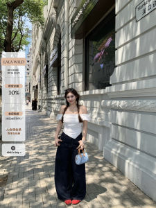 Wild Spicy Pure Oxygen Girl plus Size Design One Shoulder Wide Leg Jeans Set Korean Style Casual Fashion plus Size Womens Outfit