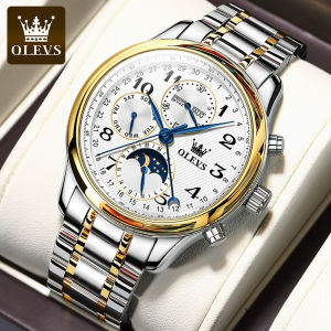OLEVS 6667 Mechanical Business Men Watch Gift Stainless Steel Watchband Round-dial Wristwatch Moon Phase Month Display Week Display Calendar Small second Year display