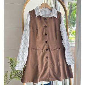 ●ECLAIRE● 043 Dress Mini 2in1 (Inner Kemeja dan Outer Dress) Garis Salur Stripe Korea Kasual Casual Imut Santai Import olm