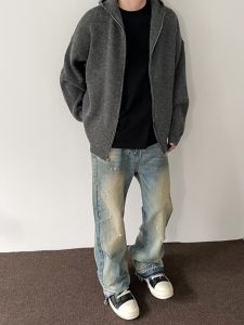 เสื้อสเวตเตอร์ถักแบบสวมหัวทรงหลวมสีเทาเข้มสไตล์อเมริกันย้อนยุคสำหรับผู้ชายและผู้หญิง เสื้อคลุมกันหนาวแบบสวมหัวทรงหลวม