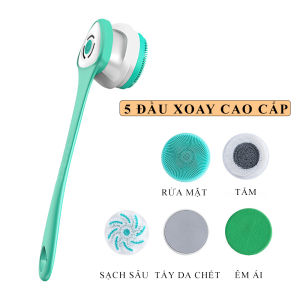 Máy tắm điện bàn chải tắm tẩy da chết rửa mặt điện kèm 5 đầu xoay cao cấp- cây tắm chà lưng sạc USB chống nước tuyệt đối an toàn hiệu quả