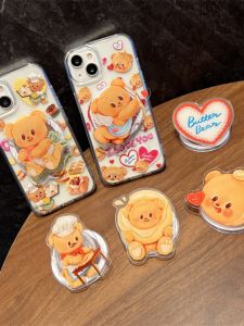 Aiperk Cute Butter Bear Phone Case for  17promax Mobile Phone Cover Acrylic Magnetic Cartoon Stand Korean Style Soft Edge Hard Shell