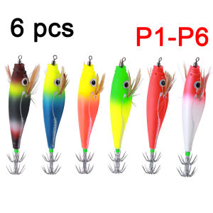 6 pcs Luminous Horizontal Squid Jig Wood Shrimp Squid Hook  Fishing Lures Octopus Cuttlefish Shrimp Saltwater Baits ﻿