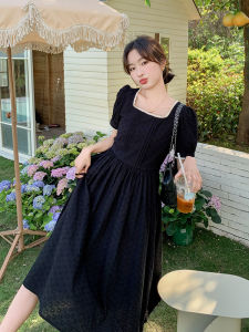 Elegant Black A-Line Dress Hepburn Style Womens Summer New High Waist Bubble Sleeve Slimming Midi Skirt Korean Version