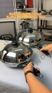 BUFFALO 28cm / 32cm 3-Ply Long Handle Frying Wok Stainless Steel Wok with Cover 牛头牌28cm/32cm 3层不锈钢长手柄炒锅 (BL18/BL19)