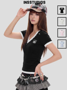 V Neck Fake Two-Piece Straight Shoulder Slimming Summer Short Top