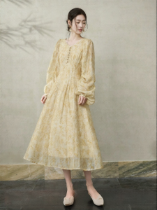 JK＆JS | Đầm In Cotton-Linen Pha Màu Vàng Nhạt