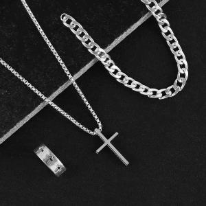 Mens 3pcs Fashion Alloy Jewelry Set - Cross Pendant Necklace Bracelet & Ring Combo