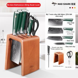 Mad Shark | Bộ Dao Bếp Bền Damascus Thép Chặt Thịt Khay Chopping Block