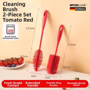 kochblume | Silicone Bottle and Small Mouth Cleaning Brush Hard Bristle Pot Brush Set