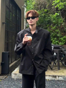 Cleanfit Black Padded Shoulder Shirt Mens Fancy Handsome Stand Collar Long Sleeves Shirt Korean Style Wear Match Outwear