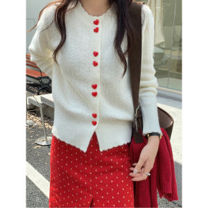 Sweet Christmas Red Knitted Sweater Coat Womens Autumn Winter Short Waist-Cinching Cardigan Soft Nylon Viscose Acrylic Fiber