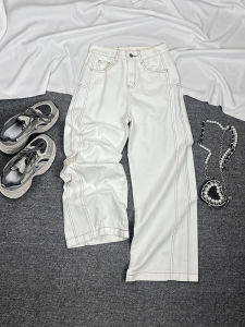 Quần Jeans Denim Ống Rộng Màu Trắng Cạp Cao Thời Trang Cho Nữ Quần Dài Thường Ngày Dáng Rộng Mùa Thu Quần Dài Dài Đến Mắt Cá Chân