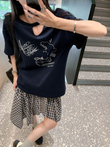 เสื้อยืดแขนสั้นผู้หญิงฤดูร้อน ดีไซน์เก๋ไก๋ เสื้อตัวบนทรงหลวม ผ้าคอตตอน พิมพ์ลายการ์ตูน สไตล์เกาหลี แขนยาว ปกโปโล