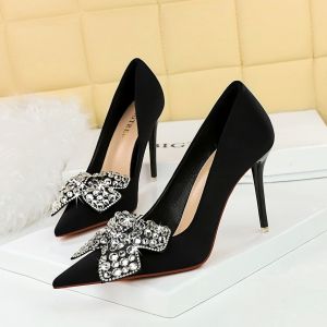 YUCHEN 4.12 inches High Heels for Women With Heel Pumps Ladies Stiletto Banquet Party Black Silk FabricCrystal Bow High Heeled Shoes  Size 34-43