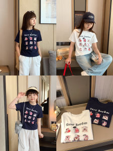 Korean Style Short Sleeve T-Shirt for Girls Cartoon Pattern Breathable Cotton Blend Fabric Sweet Style Shoulder Length round Neck