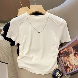 Ultra-Hand Feel Modal Cotton round Neck Short Sleeve T-Shirt Women Summer New Folded Waist Short Style Small Size Top