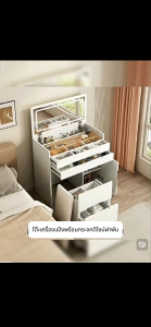 Nearra มินิโต๊ะเครื่องแป้ง ฟังก์ชั่นหลากหลาย ไม้เนื้อแข็ง เรียบง่าย โต๊ะเครื่องแป้ง เก้าอี้กระเป๋านุ่ม กระจกสัมผัสไฟ LED