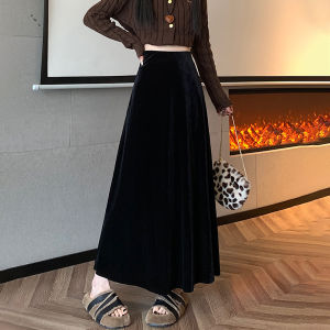 Gold Velvet A-Line Skirt Mid-Length High Waist Womens Autumn Winter Polyester Fiber Umbrella Skirt Wide Hem Long Skirt