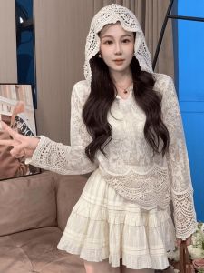 Chic Mini Fragrance Style Set 2025 New Womens Early Autumn Clothing Hat Lace Shirt Half Skirt Two-Piece Set Long Sleeve