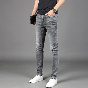 กางเกงยีนส์ระดับไฮเอนด์กางเกงขาเดฟเข้ารูปสำหรับผู้ชายกางเกงสุภาพบุรุษผ้ายืดสีเทาควันบุหรี่แมทช์ลุคง่ายแบบใหม่ฤดูใบไม้ผลิและฤดูใบไม้ร่วงปี2023