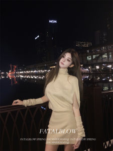 Váy Dệt Kim Cổ Cao Kiểu Pháp Cho Nữ Mùa Thu Xuân Váy Bó Sát Thanh Lịch Cạp Cao Váy Ngắn Dài Tay Màu Trơn Không Tay