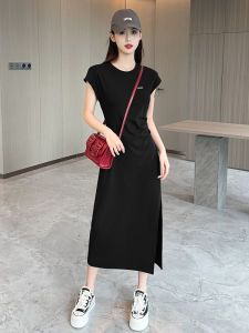 Elegant Short Sleeve Midi Dress Womens High Waist Slim Fit Split T-Shirt Dress Korean Style Polyester Spring Summer Autumn
