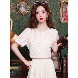 WANGGONGZHU | Floral Print Round Neck Short Sleeve Chiffon Shirt Womens Summer Fashionable Sweet Temperament Korean Style Loose Top