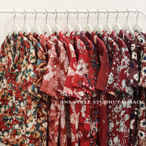 INS Retro Style Red Small Floral Shirt Short Sleeve Hong Kong Style Hawaii Loose Niche Style Sense of Design Shirt Men and Women