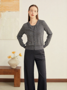French Lustrous Wool Faux Layered Hooded Striped Knitwear