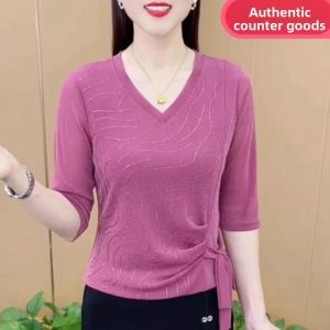 Spring New Womens V-neck T-shirt Rhinestone Belt Design Slimming Meat Concealing Mid-sleeve Summer Style Lace Shirt