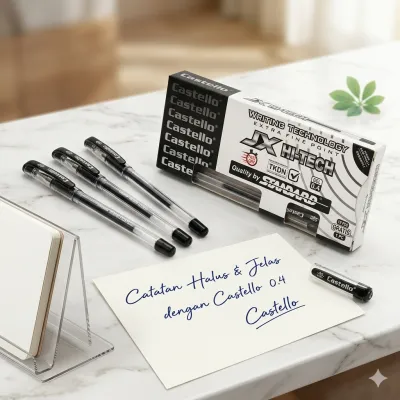 Pulpen hitam Castello JX D1000 dengan tinta bebas macet kemasan kotak berisi 13 buah cocok untuk menulis.