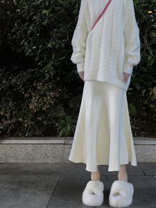 BINKAFENNY | French Knitted High Waist Slimming Fish Tail Long Skirt Womens Autumn Winter New Style White Half-length Midi Skirt