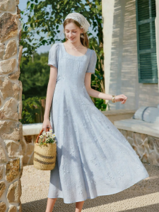 XIANGYING | French Square Neckline Embroidered Waist Cinching Blue Dress