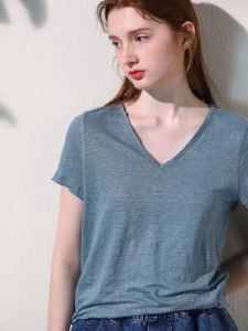 Miccbeirn | Pure Linen Knitted Short Sleeve T-Shirt V-Neck Comfortable Breathable Classic Basic Style Women Summer New Base Shirt