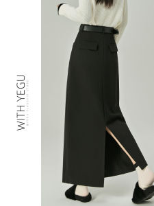 High Waist Black Woolen Mini Midi Skirt for Women Spring Autumn Winter Straight A-Line Suit Long Skirt Slit Design Commute Style