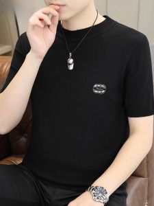 HENGYUANXIANG | เสื้อยืดคอกลมแขนสั้นถักสำหรับผู้ชาย เสื้อเชิ้ตฐานรูปทรงสี่เหลี่ยม เสื้อสเวตเตอร์คอปกกลมระดับไฮเอนด์