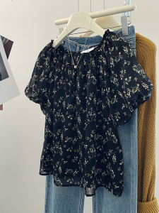 Slimming Retro Shirt  Bubble Sleeve Square Neck Floral Print
