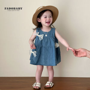 Cute Princess Style Denim Skirt Summer New Korean Version Baby Girls Vest Skirt without Sleeves Butterfly Knot Childrens Dress