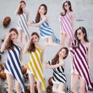 P9155 Set 2 ชิ้น เสื้อไหล่เฉียงลายริ้ว + กางเกงขาสั้น Set of 2 pieces. Striped oblique shoulder top + shorts