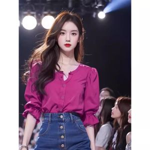 Womens Shirt V-neck Midi Sleeve Chiffon Light Maturity Pink Purple Summer New Design Commute Style Korean Version Button Detail