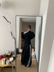 [Summer quick-drying fabric striped trousers]กางเกงขาบานลายทางข้างสไตล์แจ๊สแดนซ์ปักลายอเมริกันสำหรับผู้หญิงเอวสูง