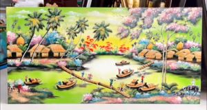 Tranh sơn mài Thanh Bình Lê- ĐỒNG QUÊ Việt Nam vẽ màu cẩn trứng hàng xuất khẩu size 60x120 cm