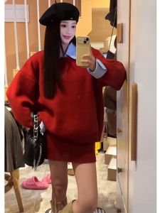 BINKAFENNY | Korean Style Womens Knitted Set High Waist Short Skirt And Long Sleeve Sweater Two-Piece Suit Red Color Block Autumn Winter Outfit