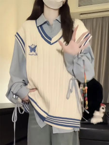 เสื้อสเวตเตอร์ถักปักลายสไตล์นักศึกษาสองชิ้น แขนยาว คอวี ทรงหลวม สำหรับผู้หญิง ฤดูใบไม้ผลิ 2024 สไตล์ย้อนยุค